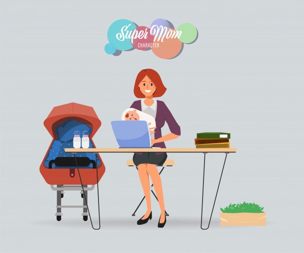 Busy mother with baby and hardworking character. | Premium Vector